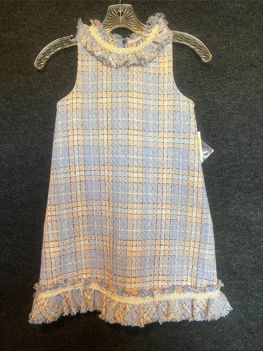 Blueberi Boulevard Girls Blue and Cream Tweed Fringe A-Line Dress
